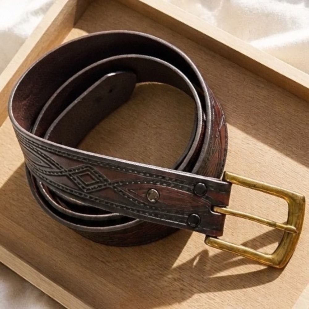 Wrangler Size‎ 42 Mens Brown Embossed Leather Western Belt Brass Buckle Tooled